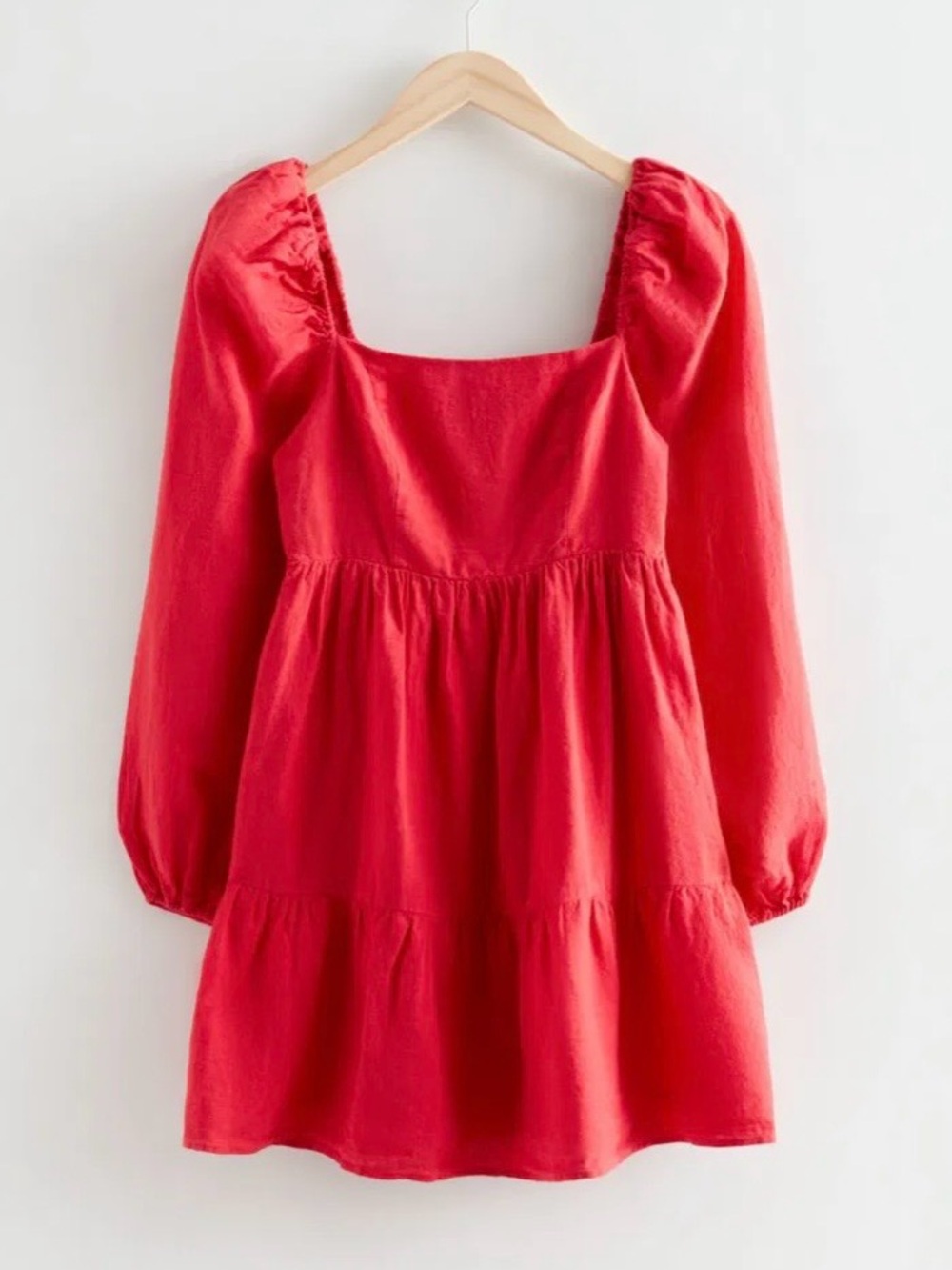 & Other Stories Red Linen Puff Sleeve Mini Dress Size 8 NWT Cottagecore
